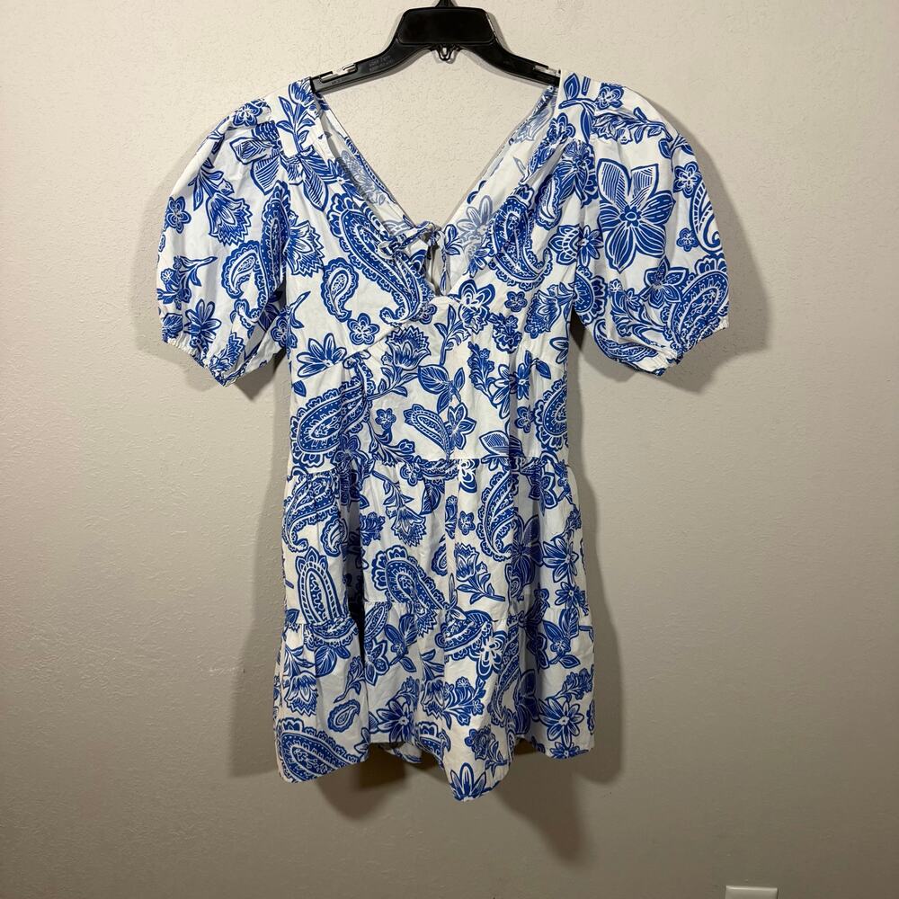 Xirena Nissa Santorini Paisley Floral Blue White Puff Sleeve Mini Dress Women XS